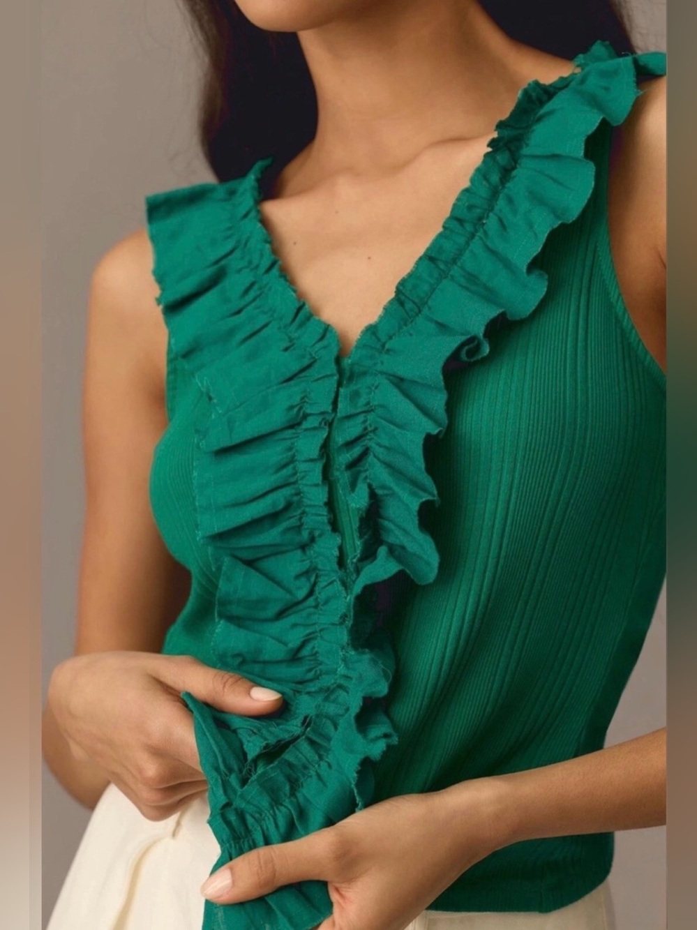 Anthropologie Pilcro Green Ribbed Ruffle Trim Ribbed Tank Top